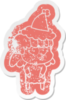 quirky cartoon distressed sticker of a whistling girl wearing santa hat png