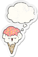 cartoon ice cream with thought bubble as a distressed worn sticker png