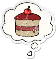 cartoon cake with thought bubble as a distressed worn sticker png