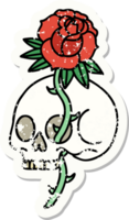 Distressed Sticker Tattoo im traditionellen Stil eines Totenkopfes und einer Rose png