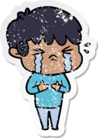 distressed sticker of a cartoon boy crying png