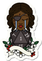 sticker of a crying human rogue with natural one D20 roll png