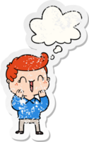 cartoon laughing boy with thought bubble as a distressed worn sticker png