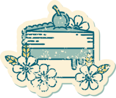 iconic distressed sticker tattoo style image of a slice of cake and flowers png