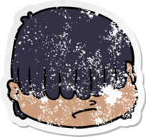 distressed sticker of a cartoon face with hair over eyes png