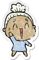 distressed sticker of a cartoon happy old lady png