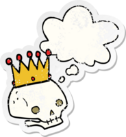 cartoon skull with crown with thought bubble as a distressed worn sticker png