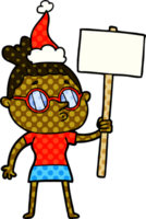 main tiré bande dessinée livre style illustration de une femme portant des lunettes portant Père Noël chapeau png