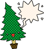 cute cartoon christmas tree with speech bubble in comic book style png