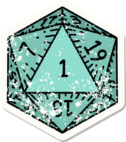 grunge sticker of a natural 1 D20 dice roll png