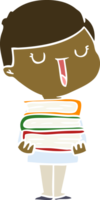 niño feliz de dibujos animados de estilo de color plano con pila de libros png