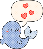 cute cartoon whale in love with speech bubble in comic book style png