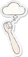 cartoon toothbrush with thought bubble as a distressed worn sticker png