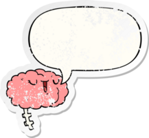 happy cartoon brain with speech bubble distressed distressed old sticker png