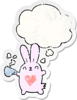 söt tecknad serie kanin med kärlek hjärta och kaffe kopp med trodde bubbla som en bedrövad bärs klistermärke png