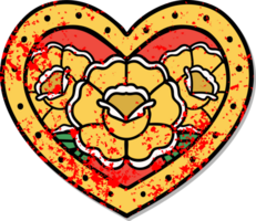 distressed sticker tattoo in traditional style of a heart and flowers png