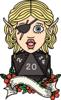 Retro Tattoo Style elf rogue with natural twenty dice roll png