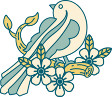 imagem de estilo de tatuagem icônica de um pássaro em um galho png