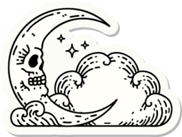 sticker of tattoo in traditional style of a skull crescent moon and clouds png