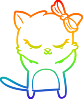 rainbow gradient line drawing of a cute cartoon cat with bow png