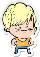 distressed sticker of a cartoon frustrated woman png