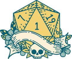 Retro Tattoo Style natural one d20 dice roll png