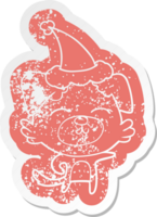 quirky cartoon distressed sticker of a dog pointing wearing santa hat png