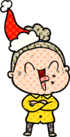 hand drawn comic book style illustration of a happy old woman wearing santa hat png