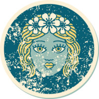 ikonisches beunruhigtes Aufkleber-Tattoo-Stilbild des weiblichen Gesichts mit Blumenkrone png