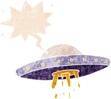 tecknad serie flygande UFO med Tal bubbla i grunge bedrövad retro texturerad stil png
