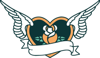 imagem de estilo de tatuagem icônica de um coração voador com flores e banner png