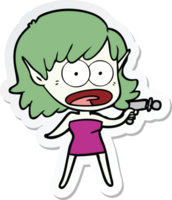 sticker of a cartoon shocked alien girl with ray gun png