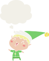 cartoon happy christmas elf with thought bubble in retro style png