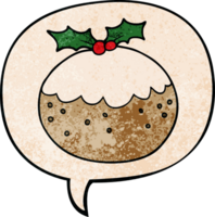 cartoon christmas pudding with speech bubble in retro texture style png