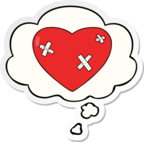 cartoon beaten up heart with thought bubble as a printed sticker png