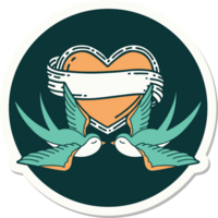sticker of tattoo in traditional style of swallows and a heart with banner png