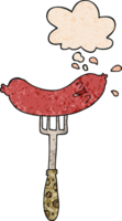 desenho animado feliz linguiça em garfo com pensamento bolha dentro grunge textura estilo png