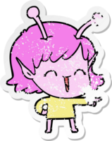 distressed sticker of a cartoon alien girl laughing png