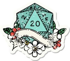 grunge sticker of a natural twenty D20 dice roll png