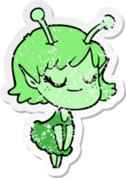 distressed sticker of a smiling alien girl cartoon png