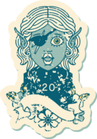 Retro Tattoo Style elf rogue character with natural twenty dice roll png