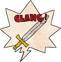 cartoon clanging sword with speech bubble in retro texture style png