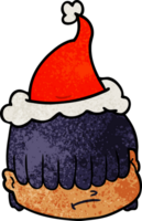 hand drawn textured cartoon of a face with hair over eyes wearing santa hat png