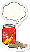 cartoon soda can with thought bubble as a distressed worn sticker png