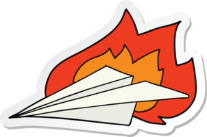 pegatina de un avión de papel en llamas de dibujos animados png