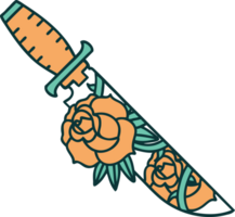 iconic tattoo style image of a dagger and flowers png