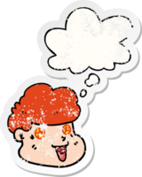 cartoon boy's face with thought bubble as a distressed worn sticker png