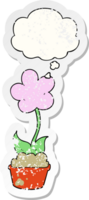 cute cartoon flower with thought bubble as a distressed worn sticker png