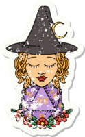 grunge sticker of a human witch with natural twenty dice roll png