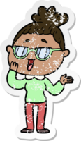 distressed sticker of a cartoon happy woman wearing spectacles png
